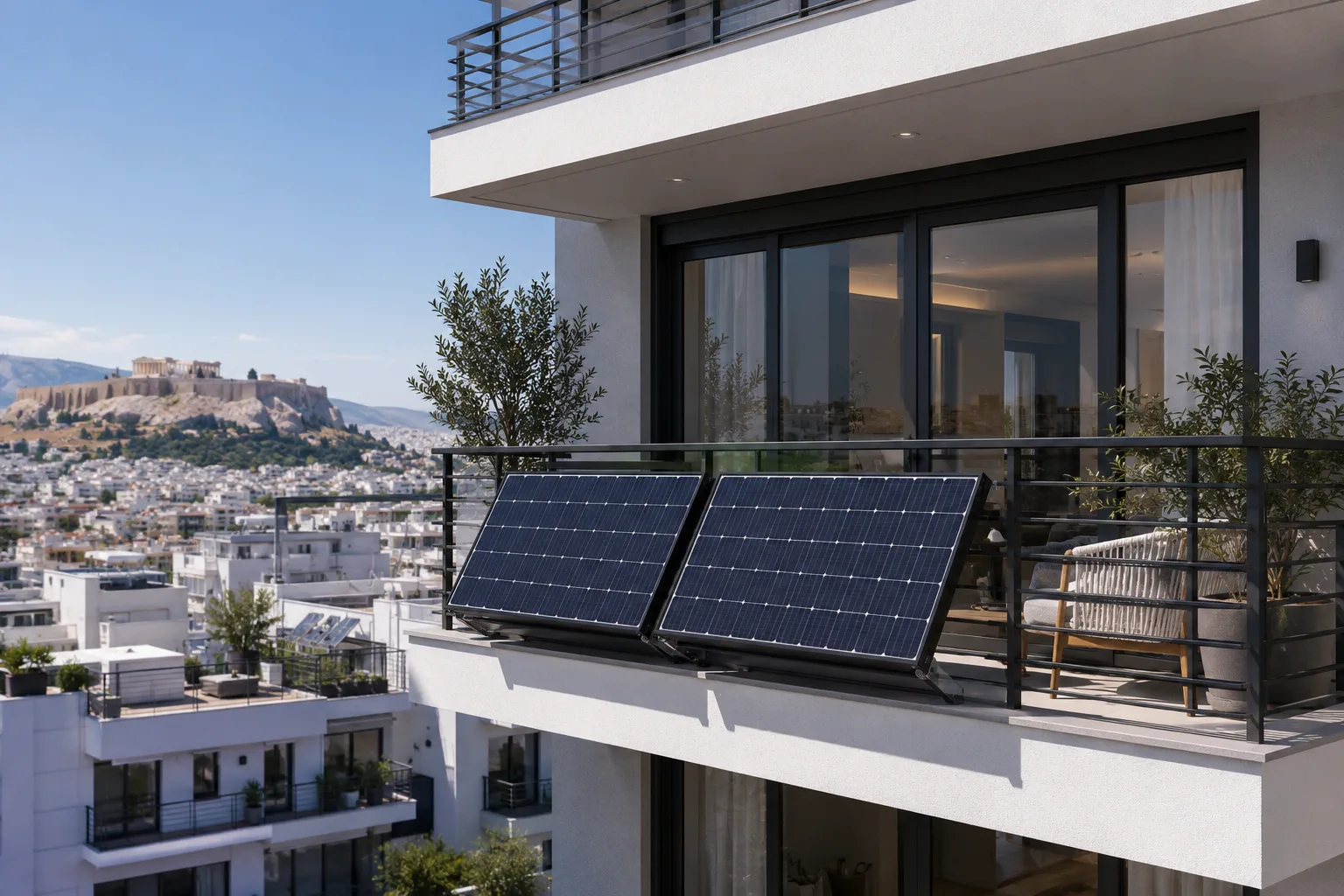 Μικρό φωτοβολταϊκό κιτ σε ελληνικό μπαλκόνι